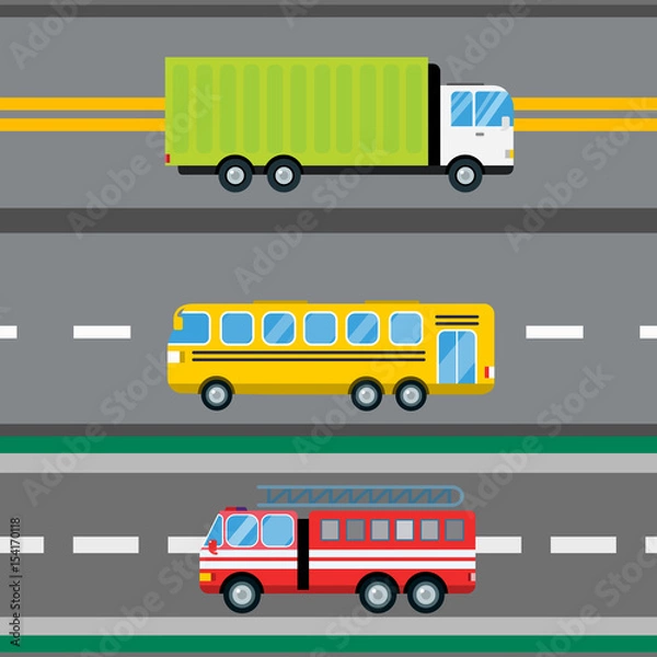 Fototapeta Fire truck car cartoon delivery transport cargo bus logistic seamless pattern vector illustration.