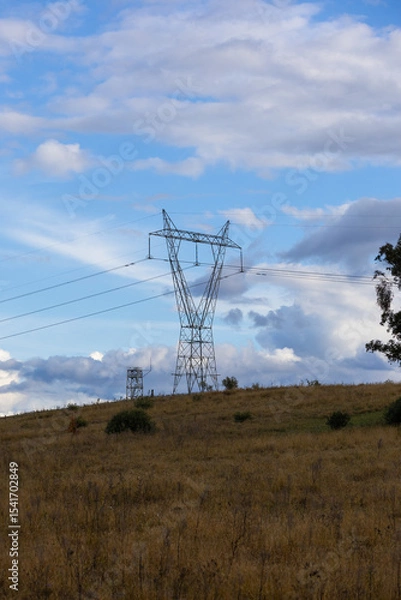 Fototapeta Power line in the middle of the field.