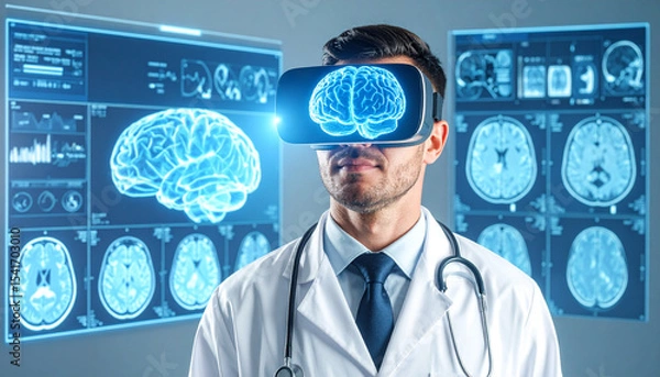 Fototapeta A doctor in VR headset looking brain scan, innovation and medical technology