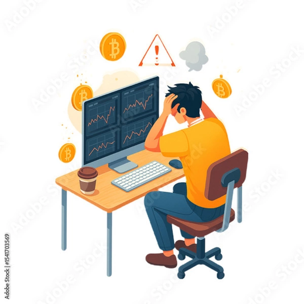 Obraz Stressed Bitcoin Trader Reviewing Cryptocurrency Market Charts Showing Financial Losses on Multiple Screens