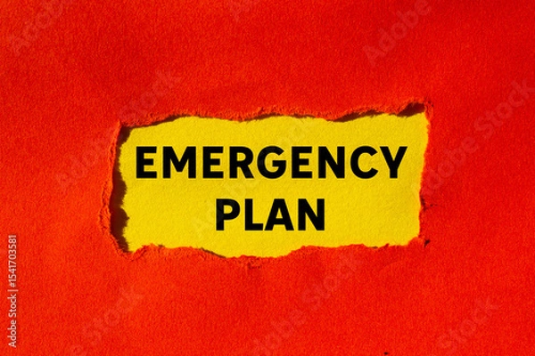 Obraz Emergency plan message written on ripped torn red paper on yellow background. Conceptual emergency plan symbol. Copy space.