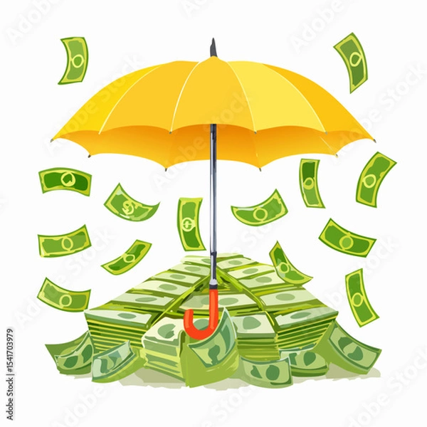 Fototapeta A yellow umbrella protecting a large pile of money from falling currency.