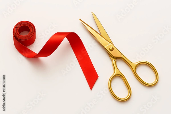 Fototapeta A golden scissors and a red ribbon on a white surface representing a grand opening ceremony event