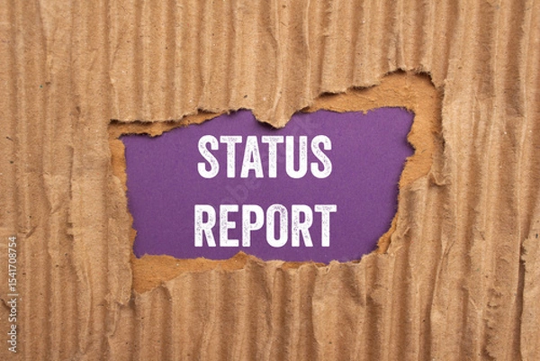 Obraz Status report message written on ripped torn cardboard paper on purple background. Conceptual status report symbol. Copy space.