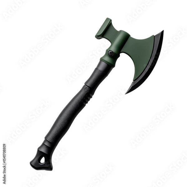 Obraz Tactical tomahawk with green blade and textured handle, ideal for outdoor activities