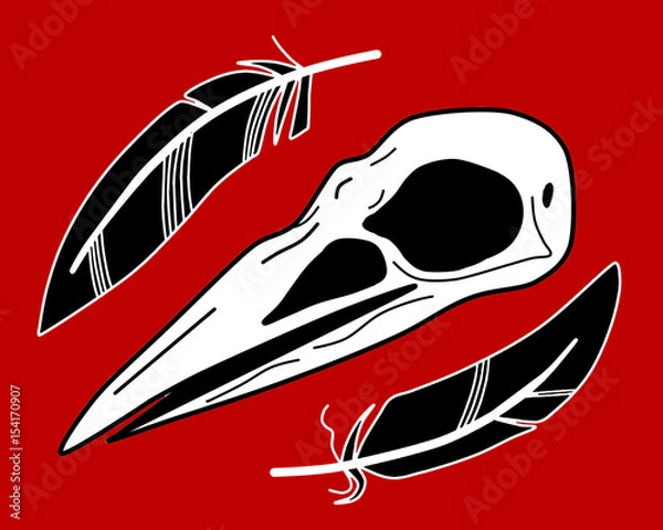 Obraz Raven skull and leafs in red