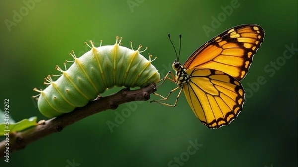 Fototapeta Metamorphosis captured in nature with a vibrant caterpillar and butterfly interaction
