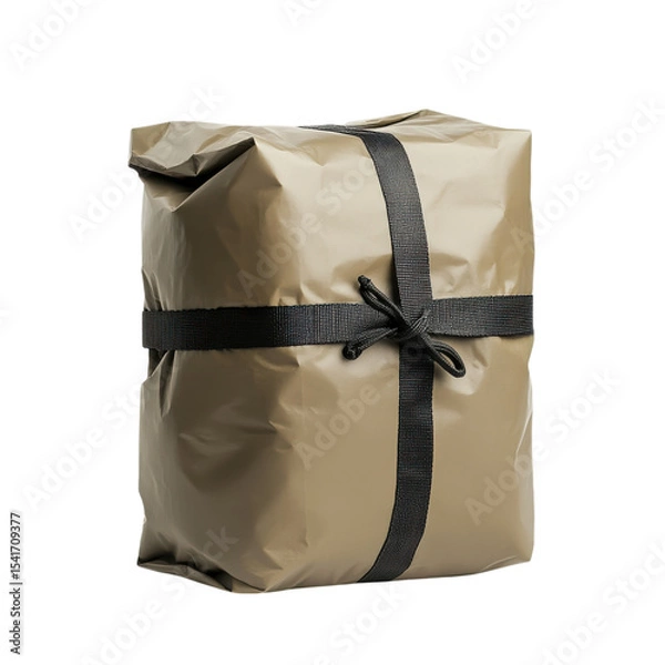 Obraz Wrapped package, brown color, tied with black ribbon, isolated transparency background