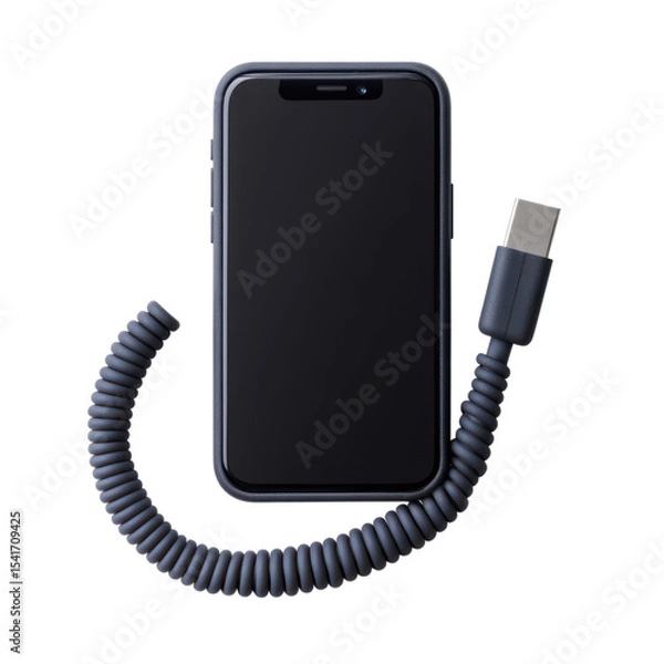 Fototapeta Smartphone with coiled charging cable on transparency background, showcasing modern technology