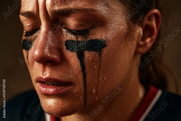 Obraz Close-up of exhausted female athlete with smeared eye black and sweat after intense game, eyes closed in emotional moment