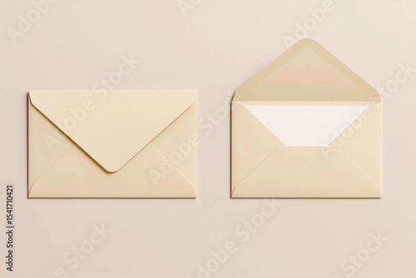 Obraz Closed and open beige envelopes on neutral background, minimal stationery mockup for branding and correspondence design