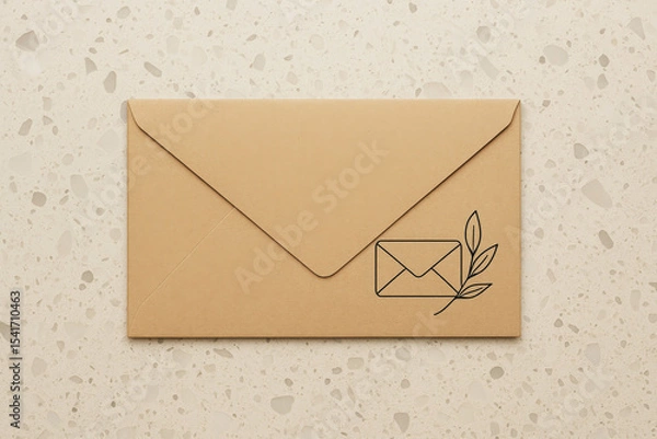 Obraz Kraft paper envelope with black eco mail icon and branch drawing on terrazzo background, minimal stationery branding mockup
