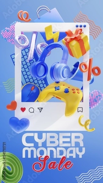 Fototapeta Cyber monday promotion sale social media template 3d render illustration. 