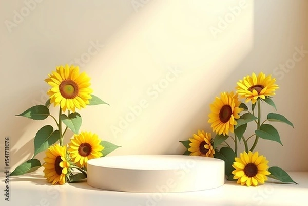 Obraz Empty matte gray podium with vivid summer sunflowers in bloom, arranged in clean portrait layout, summer vibes background, summer vibes podium
