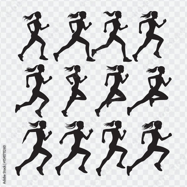 Fototapeta Run, set of running people, isolated vector silhouettes. Group of women runners