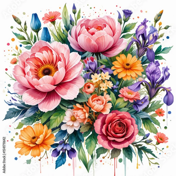 Fototapeta Bouquet of colorful flowers and roses with petals in full bloom on a natural floral background