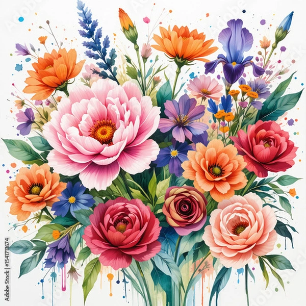 Fototapeta Bouquet of colorful flowers and roses with petals in full bloom on a natural floral background