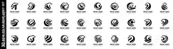 Obraz Set of 30 abstract polar bear logo templates in monochrome vector style. Ideal for branding, identity, and wildlife-themed designs.