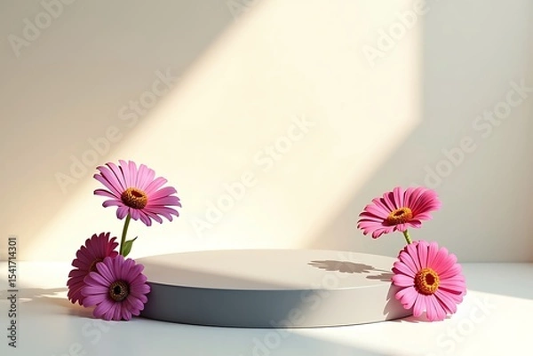 Obraz Matte gray podium with summer zinnia flowers in bloom, arranged in clean portrait layout, summer vibes background, summer vibes podium