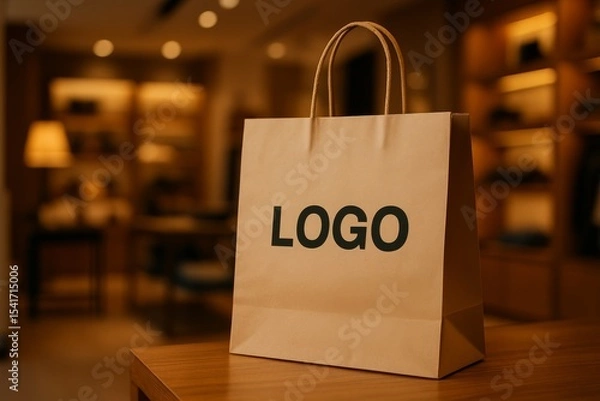 Obraz Brown paper shopping bag with logo mockup on wooden table in retail store interior with warm lighting
