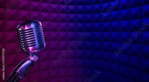 Fototapeta Vocal microphone in recording studio with acoustic foam background for podcast or radio broadcast banner with copy space