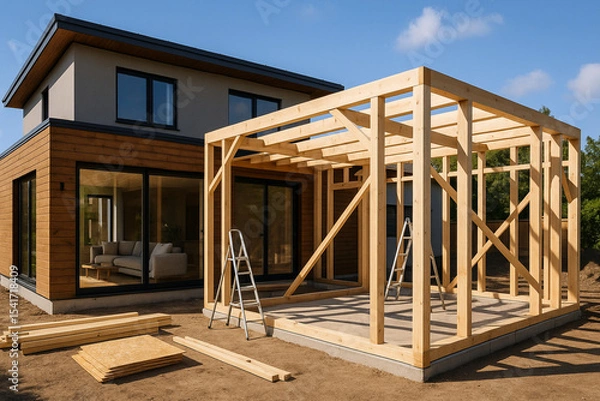 Fototapeta Modern Timber-Frame House Extension with Eco-Friendly Design