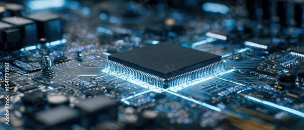 Fototapeta The microchip gleaming on a modern electronic circuit board in detail.