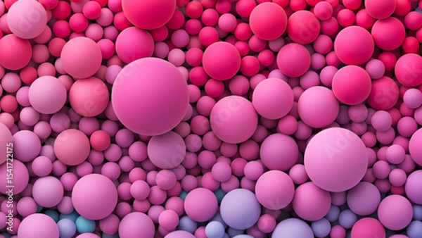 Obraz Many bright pink purple blue random soft balls. Huge pile of colorful smooth gradient balls in various sizes. Colorful balloons wall decoration. Dynamic and vibrant spheres texture. Vector background