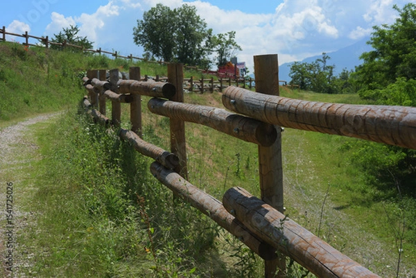 Fototapeta Recinzione rustica in tronchi di legno lungo un sentiero escursionistico di campagna in un paesaggio verde