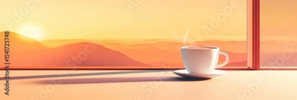Obraz A white coffee cup with a saucer sits on a table in front of a window