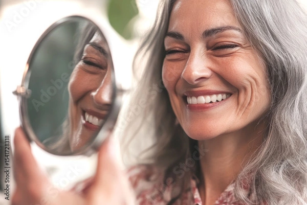 Obraz Joyful senior woman embracing aging with confidence in a reflective moment
