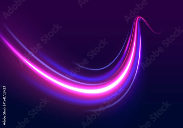 Obraz Light trail wave, fire path trace line, car lights, optic fiber and incandescence curve twirl. Abstract background in blue and purple neon glow colors. PNG.