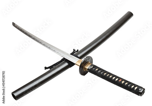 Fototapeta A Japanese katana sword with a black scabbard handle and gold accents blade partially drawn on a black backdrop