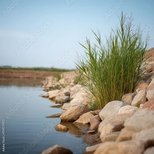 Obraz Riverbank restored with native vegetation, Eco revival