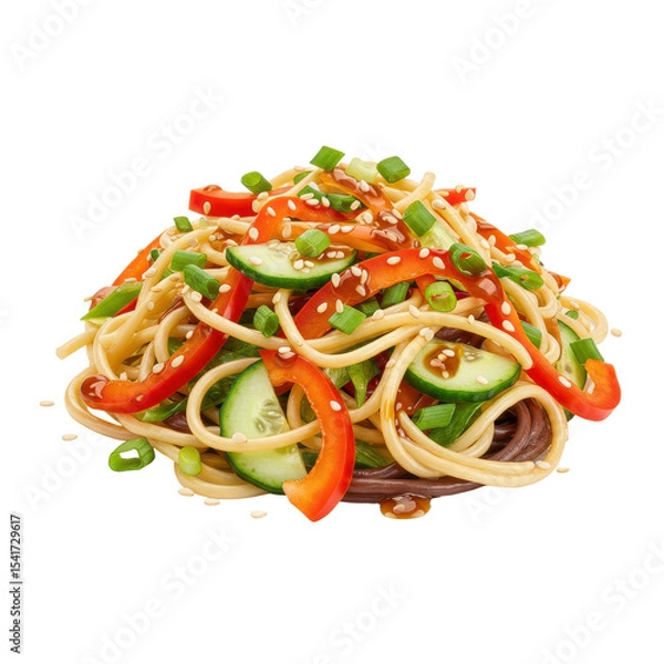 Obraz Sesame-dressed noodle salad with red pepper and cucumber