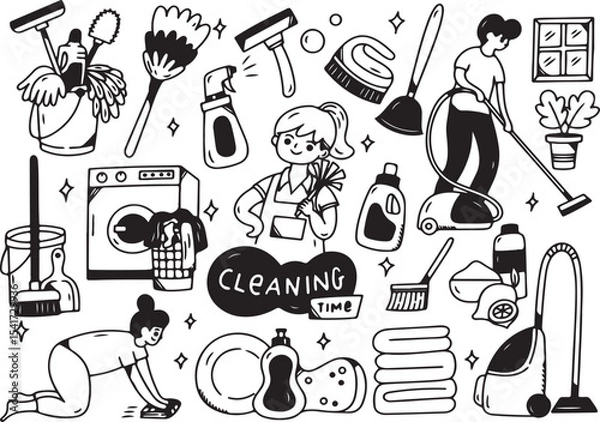 Fototapeta Cleaning Tools Doodle Icon Set, Housekeeping Line Art, Mop Broom Bucket Spray, Sanitary Sketch Pack, Hygiene Equipment Hand Drawn