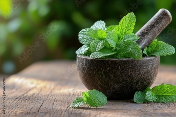 Fototapeta Closeup of fresh mint leaves being ground in a mortar kitchen setting culinary content natural environment macro viewpoint herb preparation