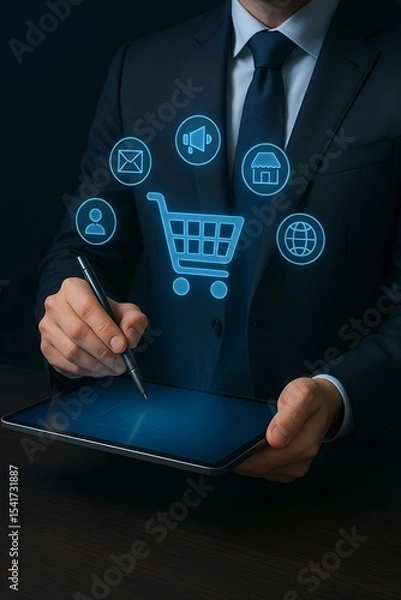 Obraz E-commerce i zakupy online – biznesmen z tabletem i ikonami cyfrowego handlu na ciemnym tle