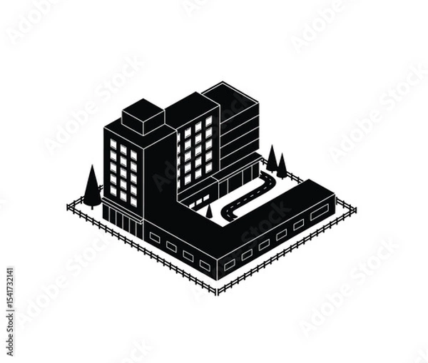 Fototapeta Hotel builing or commercial building vector in black color on white background.
