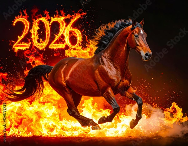 Fototapeta Image of a red fire horse galloping through the flames, symbol of the year 2026 according to the Eastern calendar. AI, Illustration, Generation, Generated image.