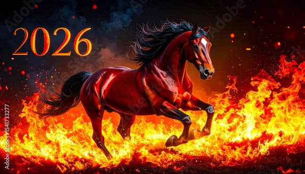 Fototapeta Image of a red fire horse galloping through the flames, symbol of the year 2026 according to the Eastern calendar. AI, Illustration, Generation, Generated image.