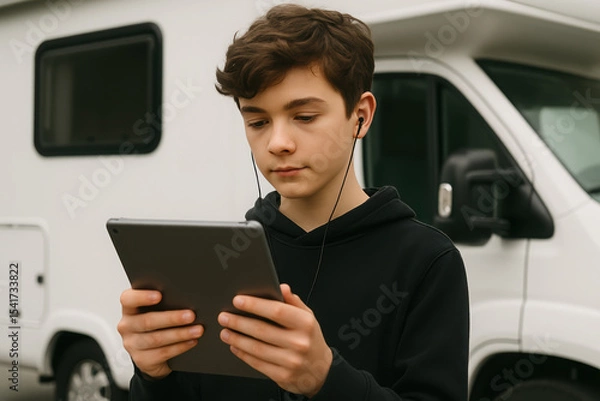 Obraz Teen using tablet with earphones near camper van in casual setting. digital nomad kids in camper van