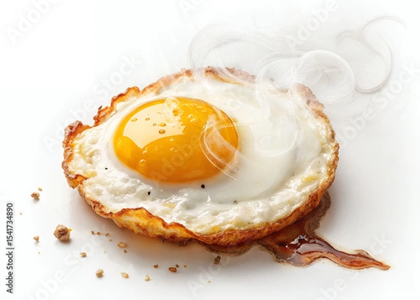 Obraz Hot Fried Egg: A perfectly fried egg with a runny yolk, steaming hot, sits on a white surface.