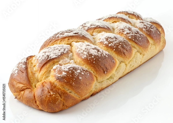 Obraz Braided Bread Loaf: A golden-brown braided bread loaf, dusted with powdered sugar, sits on a reflective surface, showcasing its intricate design and tempting texture.