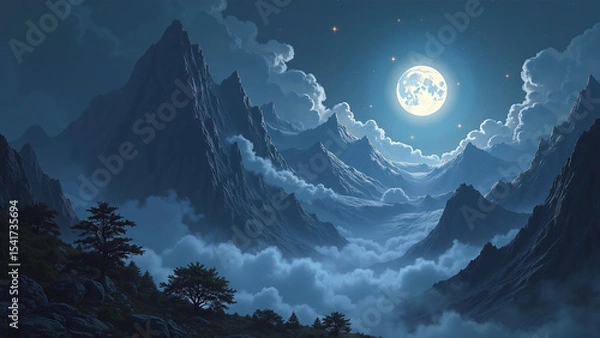Obraz A breathtaking moonlit night over misty mountain peaks and drifting clouds.