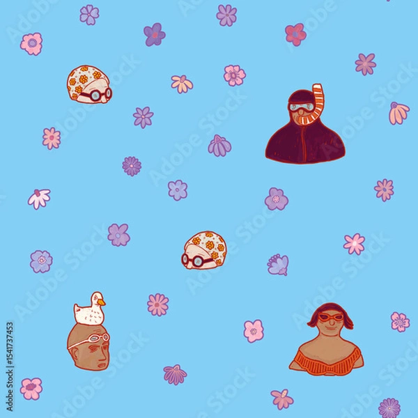 Fototapeta People swimming in water. Heads of swimmers divers in sea illustration. Relax diving in sea. Summer light blue resort pattern wallpaper.