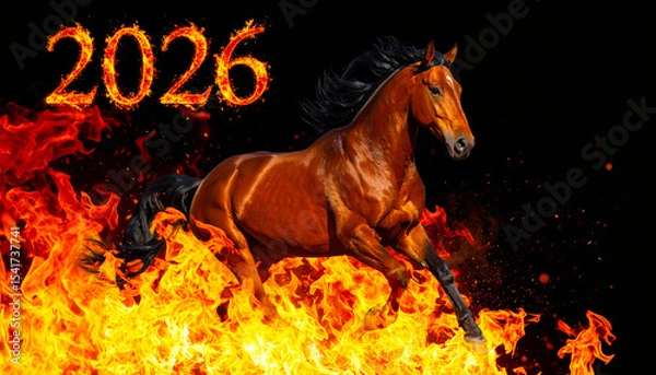 Fototapeta Image of a red fire horse galloping through the flames, symbol of the year 2026 according to the Eastern calendar. AI, Illustration, Generation, Generated image.