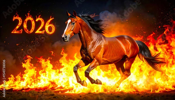 Fototapeta Image of a red fire horse galloping through the flames, symbol of the year 2026 according to the Eastern calendar. AI, Illustration, Generation, Generated image.