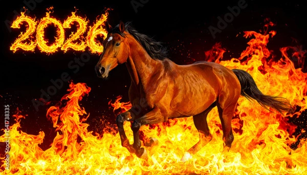 Fototapeta Image of a red fire horse galloping through the flames, symbol of the year 2026 according to the Eastern calendar. AI, Illustration, Generation, Generated image.