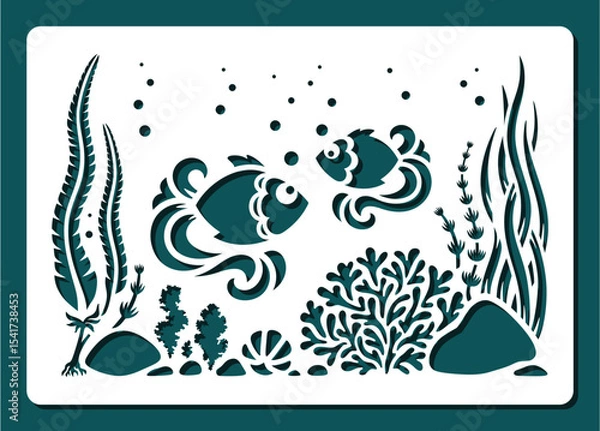 Fototapeta Rectangular stencil two fish, seaweed, shell. Marine underwater life of sea, ocean, lake, river. Painting for plotter laser cutting of paper, wood carving, metal engraving, cnc. Vector illustration.